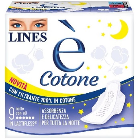 Lines è Cotone Notte - Assorbenti con ali 100% cotone - 9 assorbenti