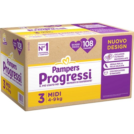 Pampers quadri progressi midi taglia 3 (4-9 kg) 108 pannolini - quadripack