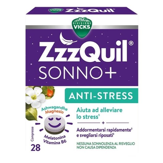 ZzzQuil Sonno+ Anti-Stress 28 Compresse - Melatonina e Ashwagandha