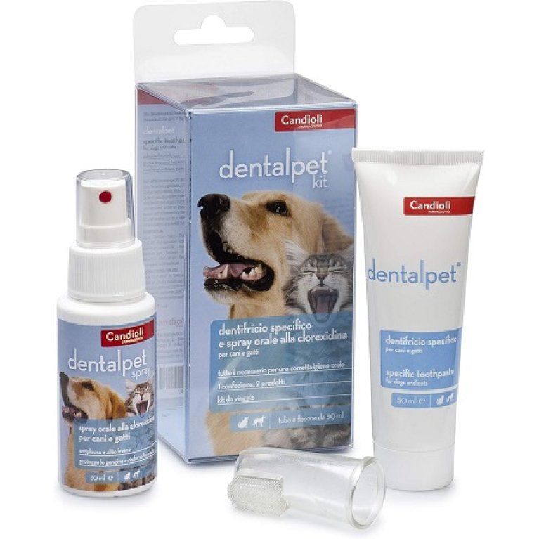 Dentalpet Kit - dentifricio specifico per cani e gatti e spray alla clorexidina - 50 ml + 50 ml + 1 ditale