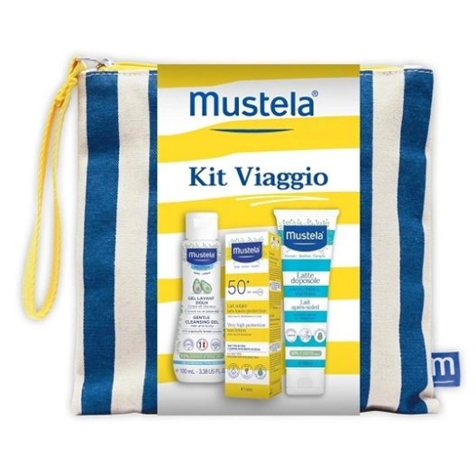 Mustela Kit Viaggio + Pochette Omaggio - Gel lavante, Latte solare, Doposole