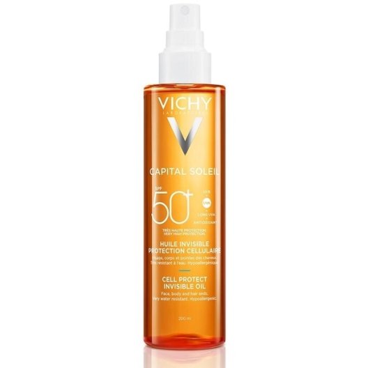 Vichy Capital Soleil Olio abbronzante spray Invisibile protezione 50+ - per viso, corpo e punte dei capelli, resistente all'acqua - 200 ml