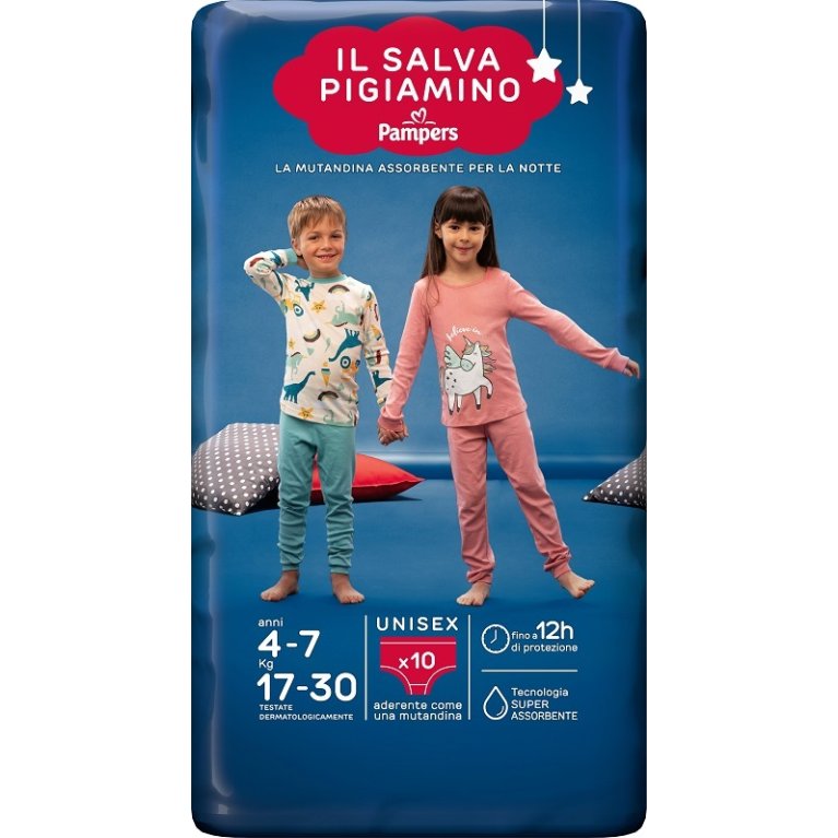 Pampers Salva Pigiamino - Taglia S-M da 4 a 7 anni per bambini da 17 a 30 Kg - 10 mutandine