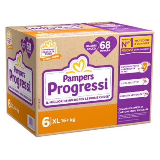 Pampers quadri progressi XL taglia 6 (11-25 kg) 68 pannolini - quadripack