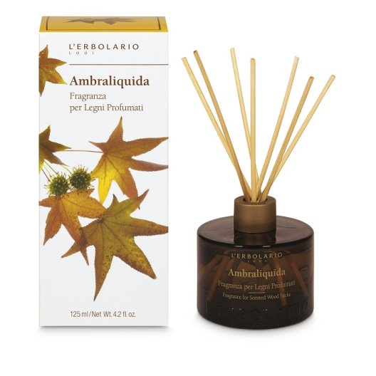 Ambraliquida Fragranza per legni profumati L'Erbolario - 125 ml con bastoncini Ambraliquida Fragranza per legni profumati L'Erbolario - 125 ml con bastoncini