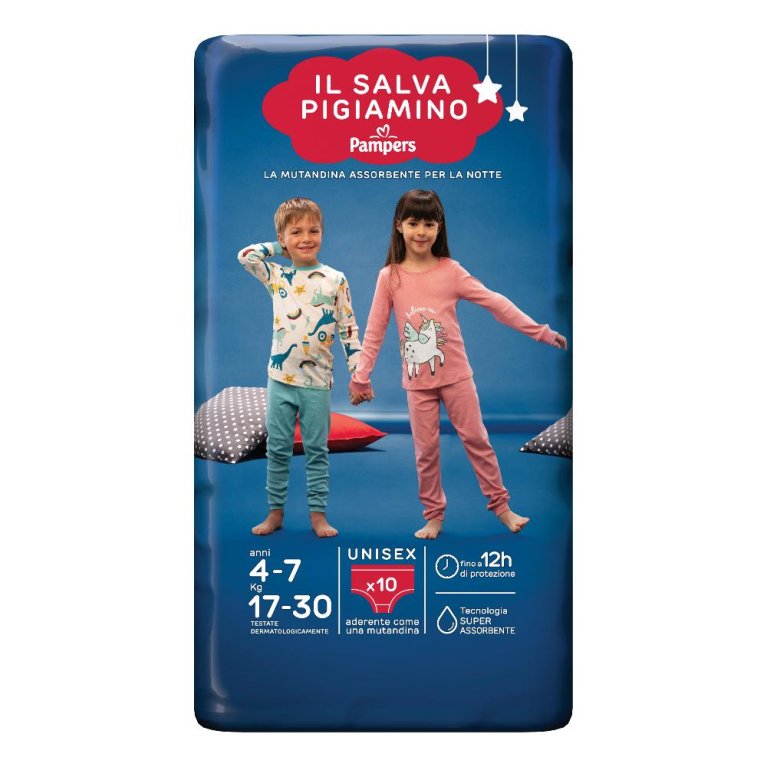 Pampers Salva Pigiamino - Taglia S-M da 4 a 7 anni per bambini da 17 a 30 Kg - 10 mutandine Pampers Salva Pigiamino - Taglia S-M da 4 a 7 anni per bambini da 17 a 30 Kg - 10 mutandine